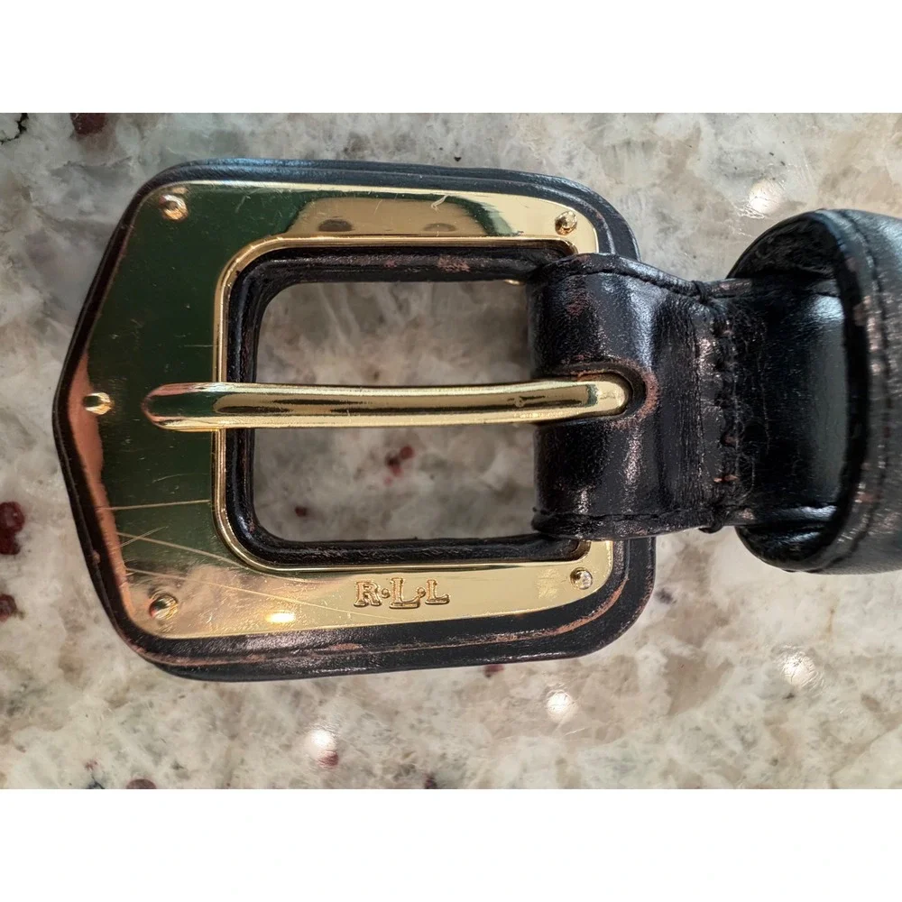 Ralph‎ Lauren Black/Brown Leather Belt Gold Buckle Size L 132 cm